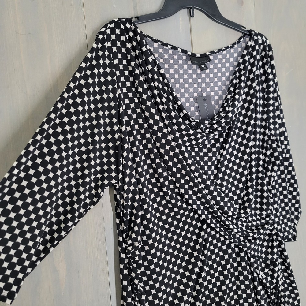 Worthington Blouse Womens 2X Black White Geometric Cowl Neck Ruched 3/4 Sleeve - Picture 4 of 8